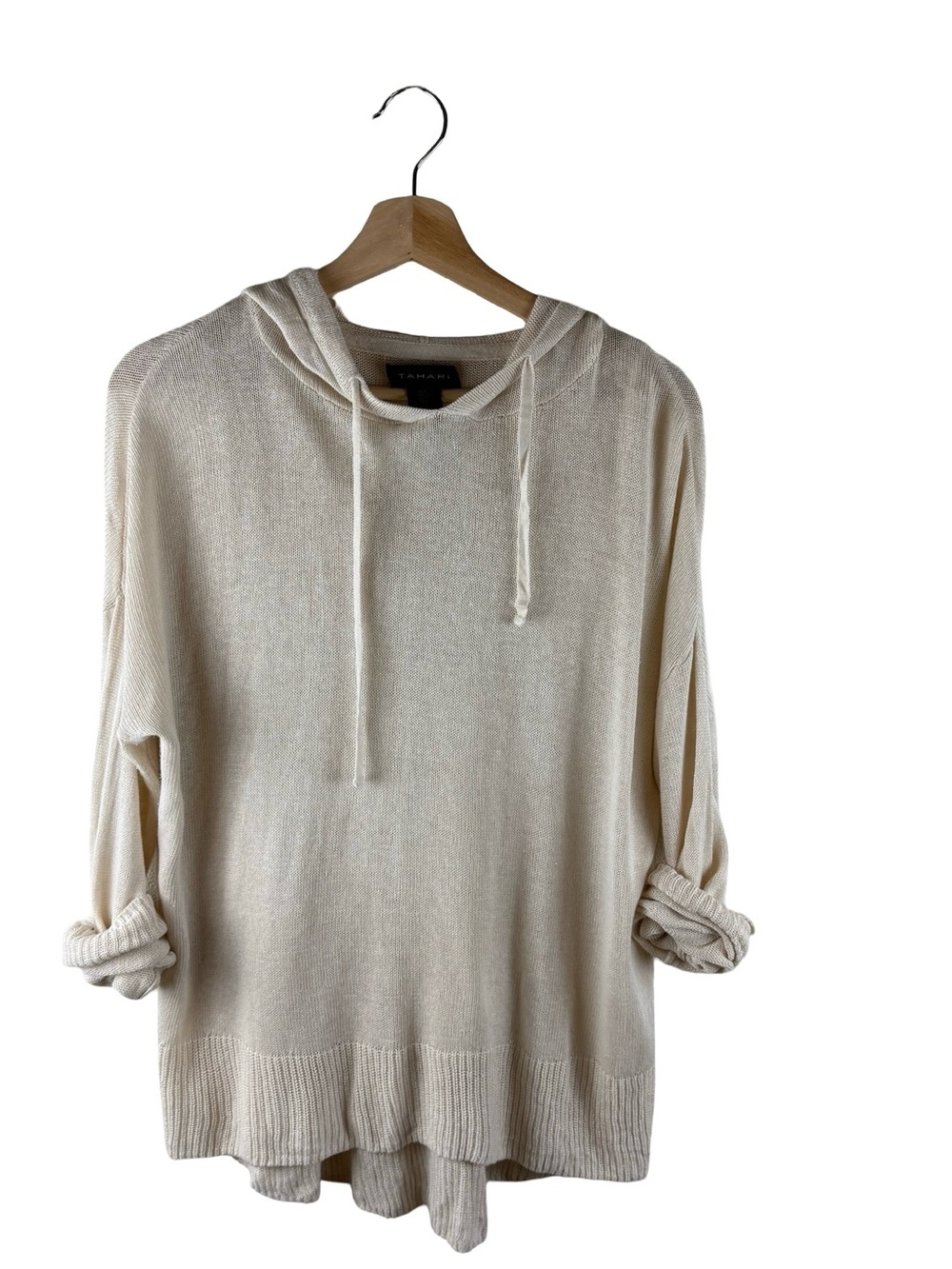 TAHARI Linen Blend Hooded Sweater Coastal Beach Casual Cream Size Large